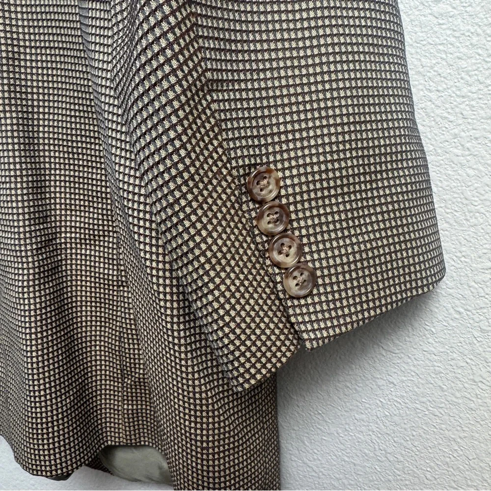 Ermenegildo Zegna Silk Wool Blazer Suit Jacket Tan Black‎ Houndstooth 46R Flaws